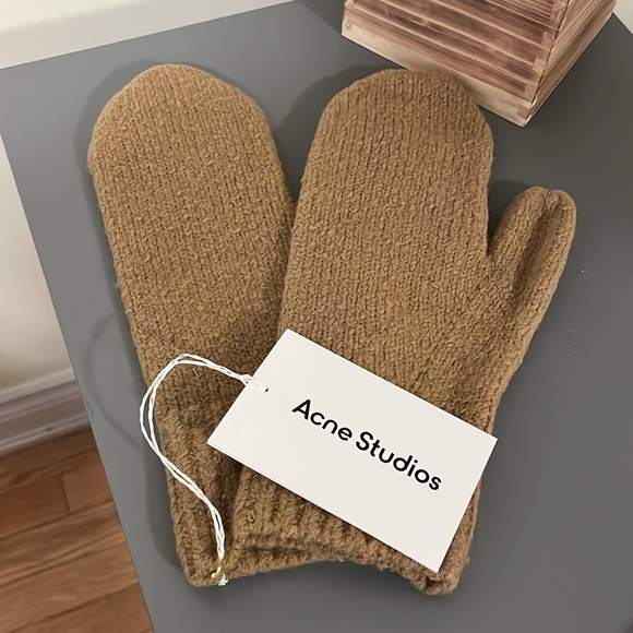 Acne Studios Kivona Wool-Blend Knit Mittens in Camel Brown - Picture 3 of 3